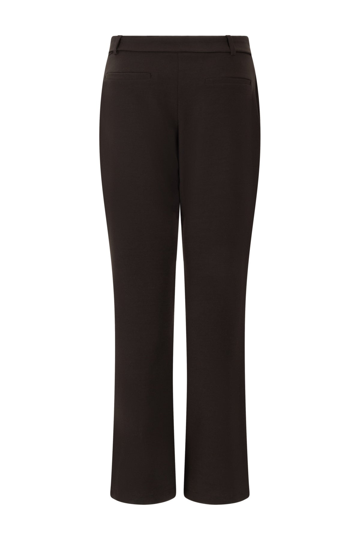 Zoso Merle Espresso broek met rechte snit en elastische taille, zichtbaar in de afbeelding.