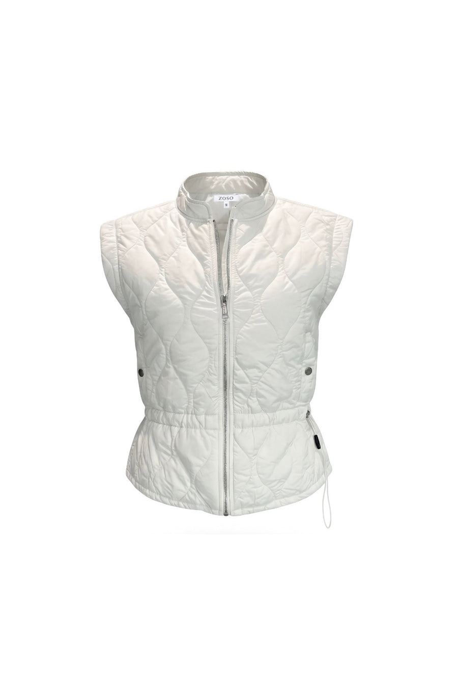Zoso Gilet Miranda Kit 261, lichtgewicht damesvest met ritssluiting, in blauw met capuchon en zakken, close-up detail.