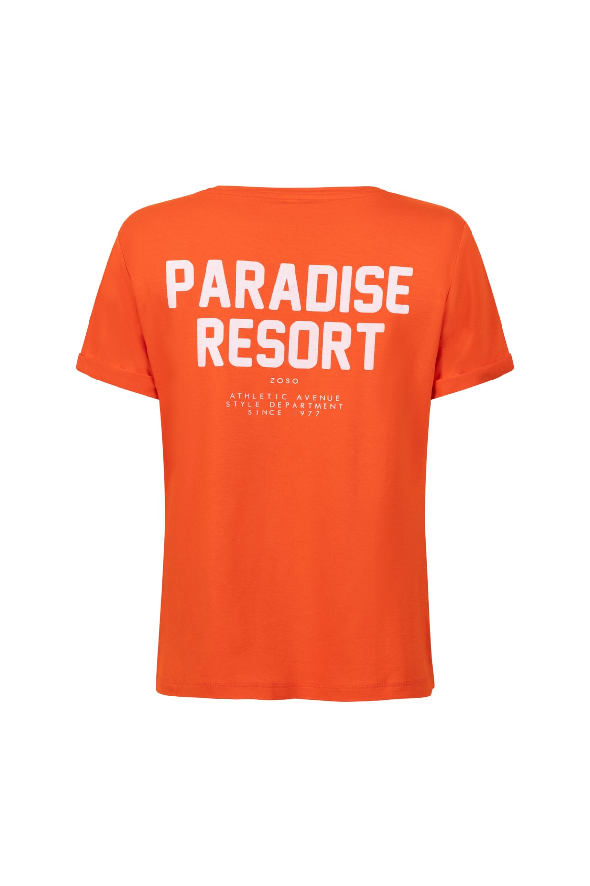 Oranje Zoso T-shirt Ellen 253 met ronde hals en korte mouwen, gedragen door een model, zichtbaar van voren op een witte achtergrond.