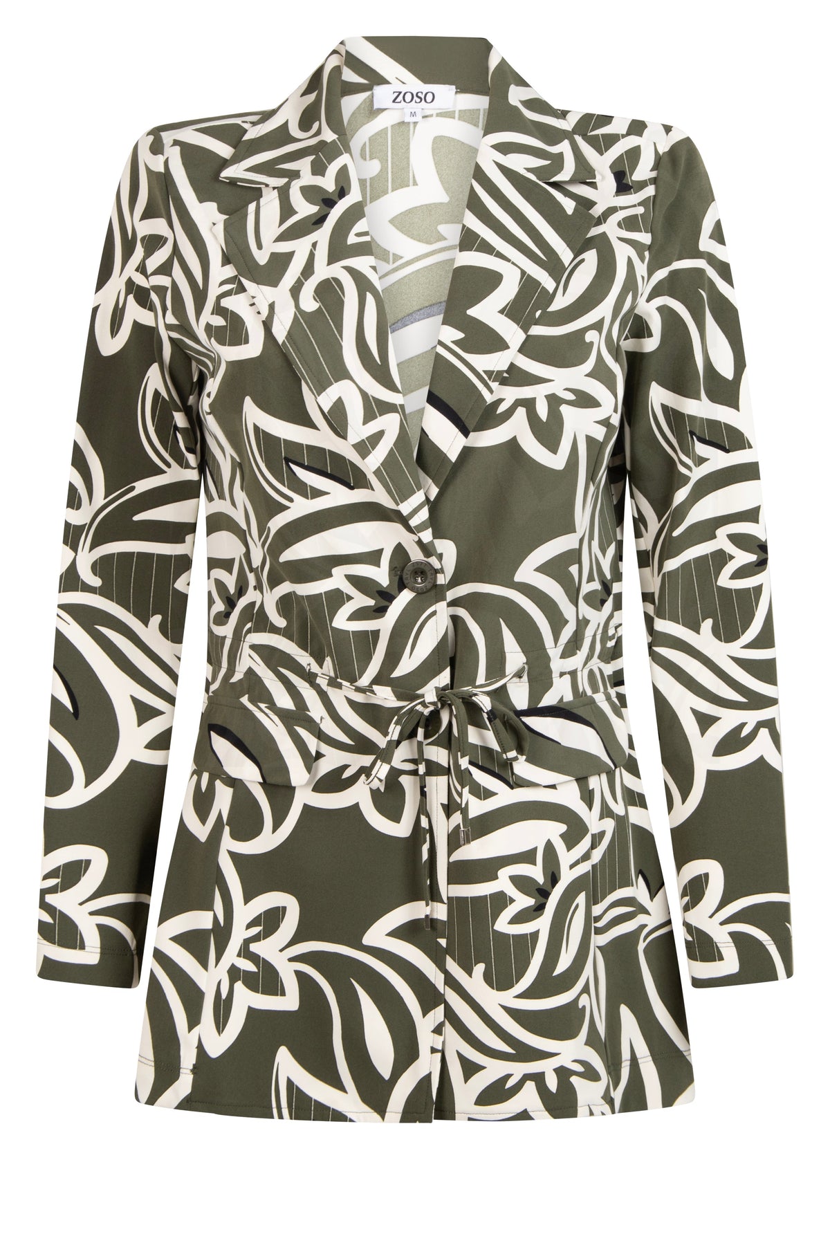 Zoso Travel blazer Charly Army Ivory, lichtgewicht en stijlvolle jas voor reizen, zichtbaar in de afbeelding.