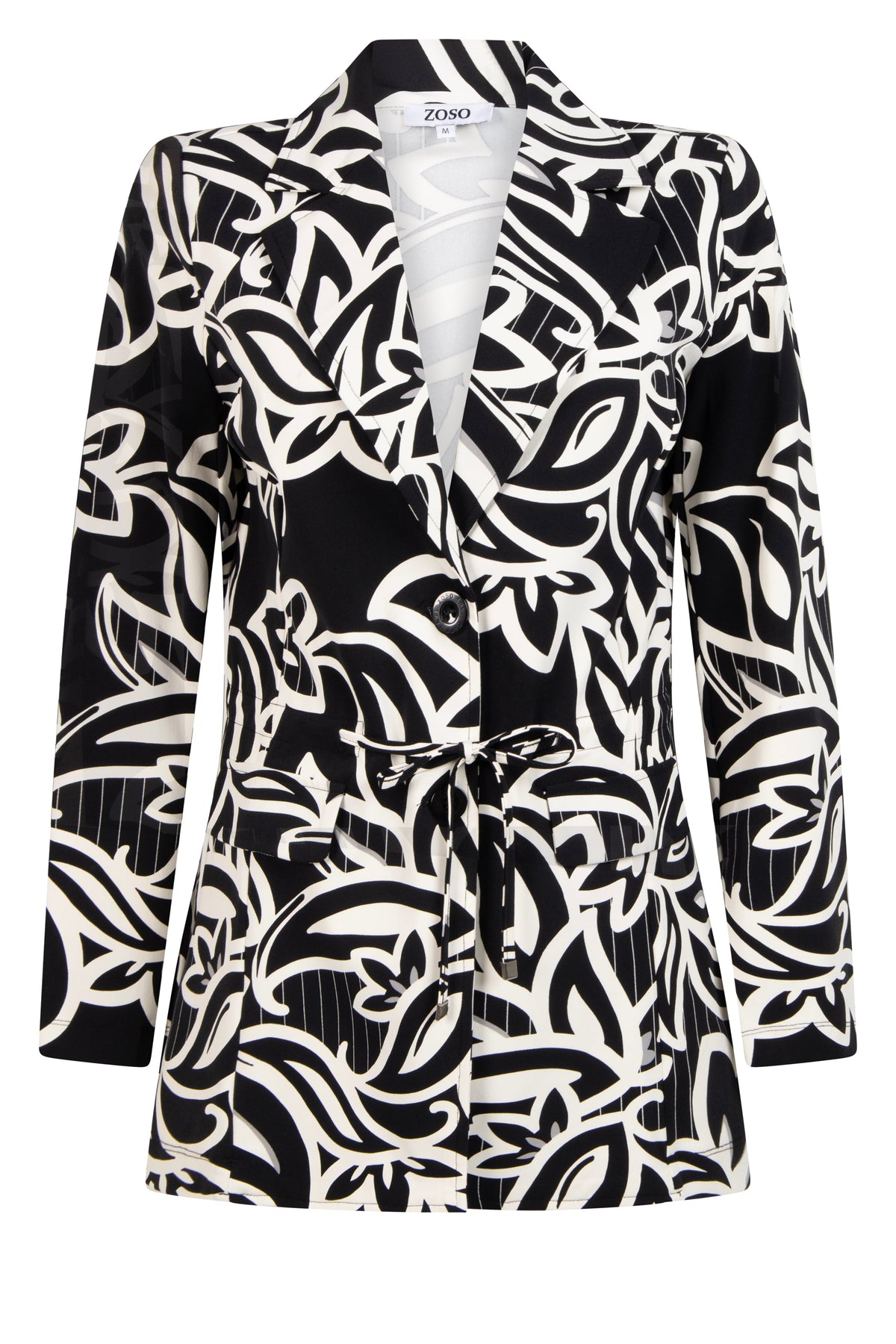 Zoso Travel blazer Charly zwart ivoor, casual mode item, close-up van de zwarte en ivoorkleurige details.