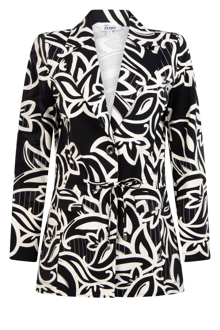 Zoso Travel blazer Charly zwart ivoor, casual mode item, close-up van de zwarte en ivoorkleurige details.