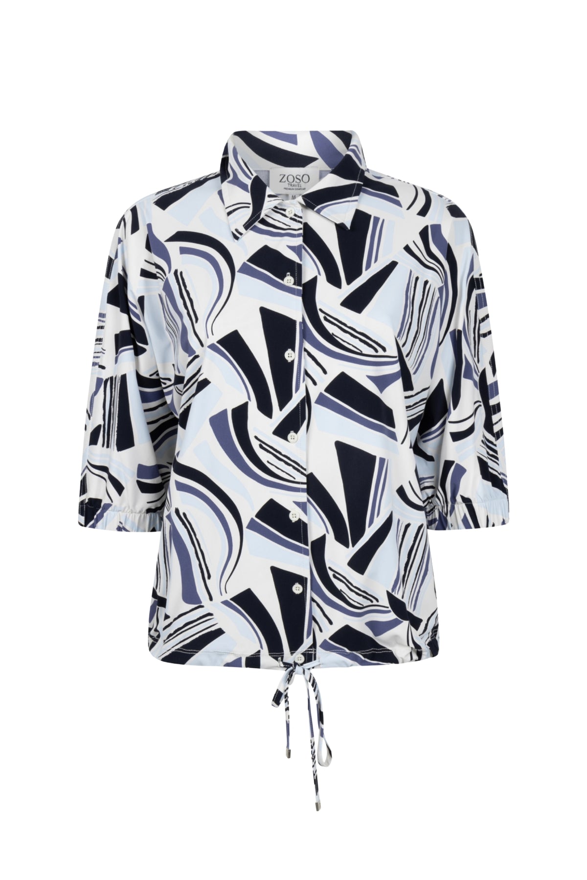 Zoso Travel Blouse Glenny in nachtblauw, korte mouwen en lichte stof, ideaal voor reizen en casual dragen.