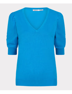 EsQualo Sweater v/neck gathering slve blue 07003 Stretchshop.nl